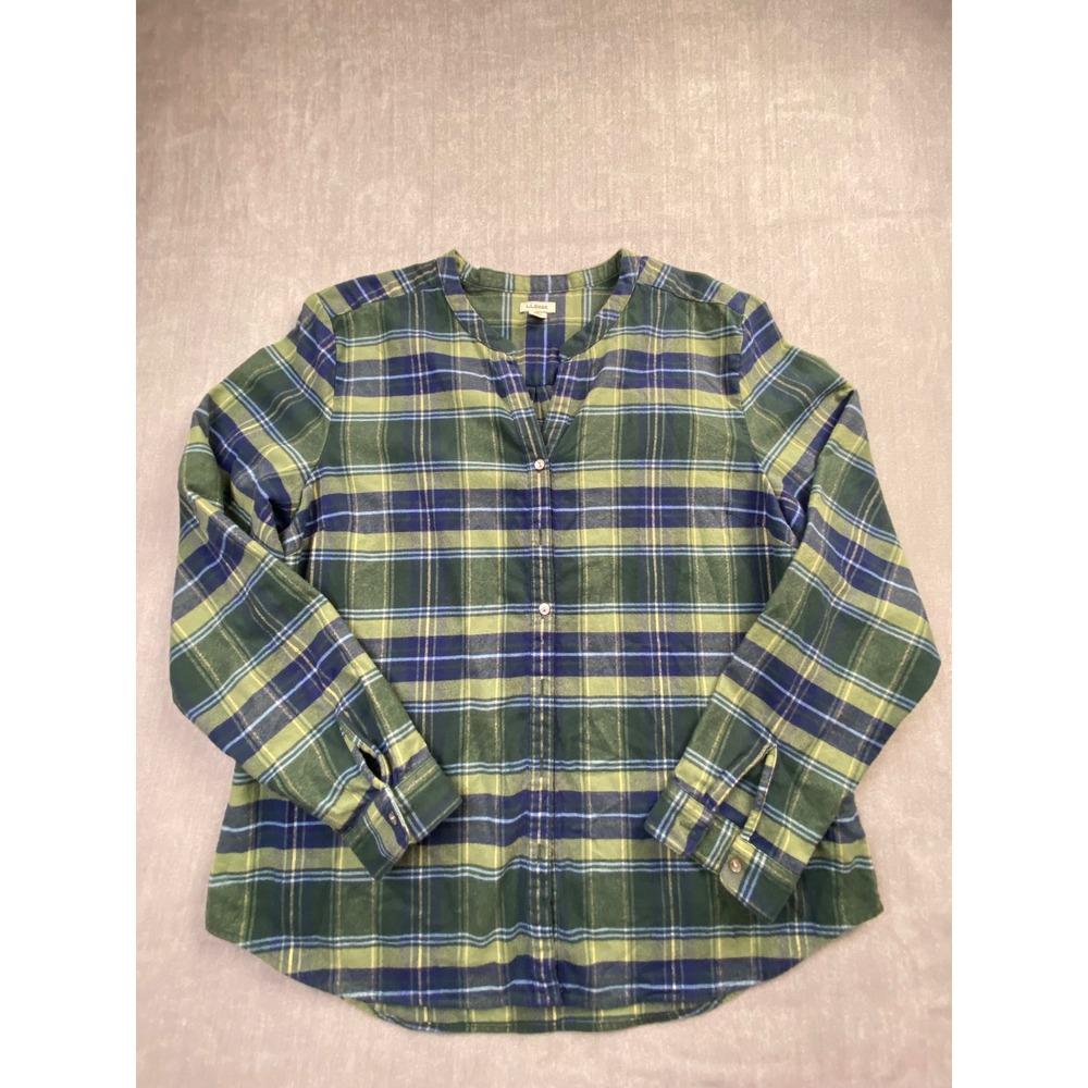 LL Bean Green Blue Plaid Flannel Shirt Womens Large Cotton Split Neck 502797